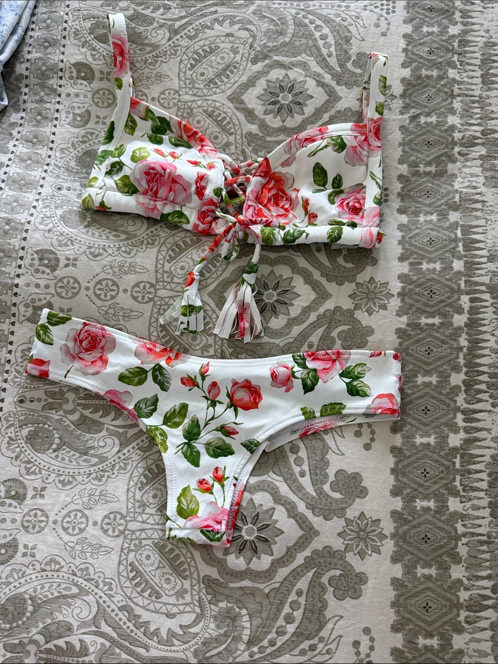 Montce White Floral Tie-Front Bikini with Pink Roses